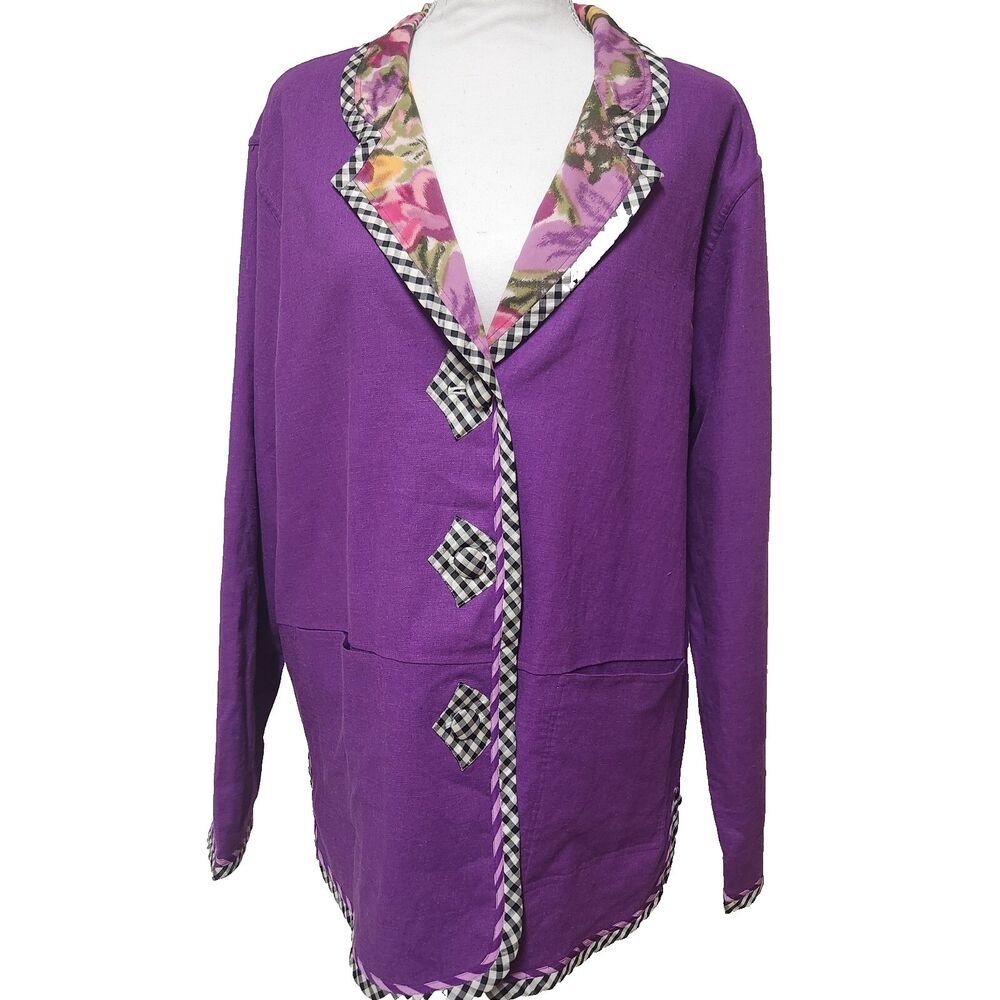Koos of Course! Jacket Large Purple Checkered Buttons Art to Wear Reversible